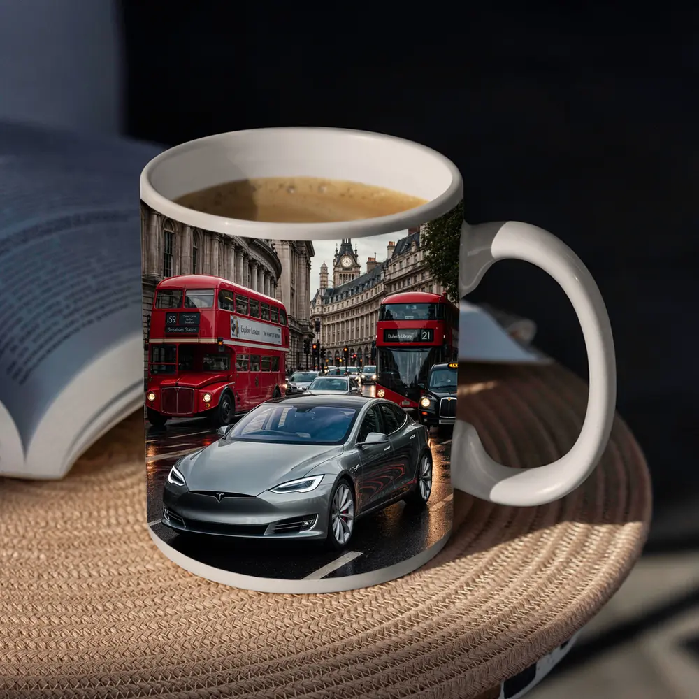 Tesla Model S London Streets Rainy Day – Mugs