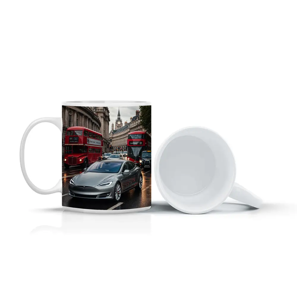 Tesla Model S London Streets Rainy Day – Mugs