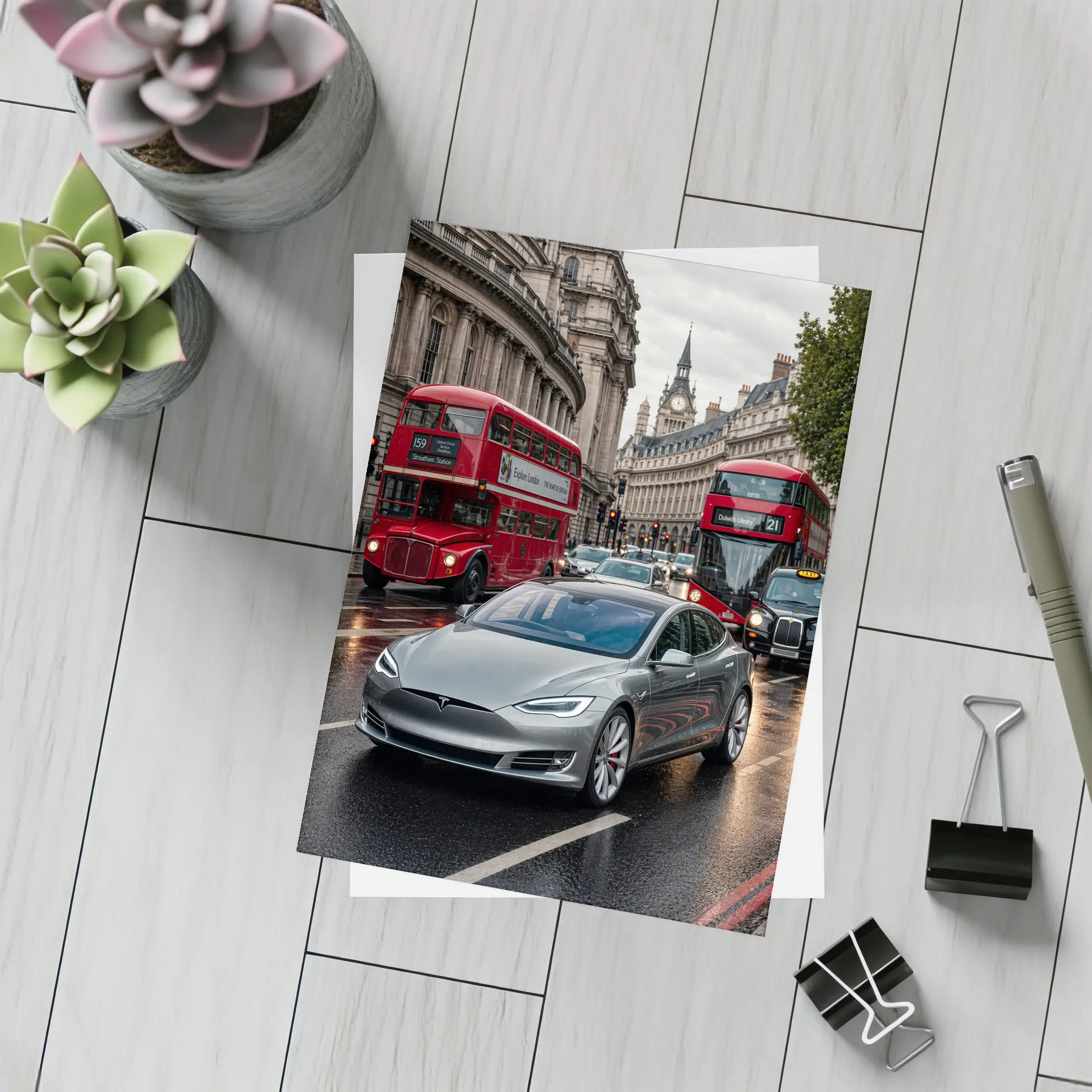 Tesla Model S London Streets Rainy Day – Postcards