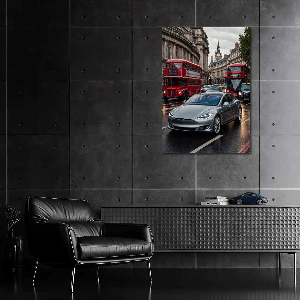 Tesla Model S London Streets Rainy Day – Wall Art