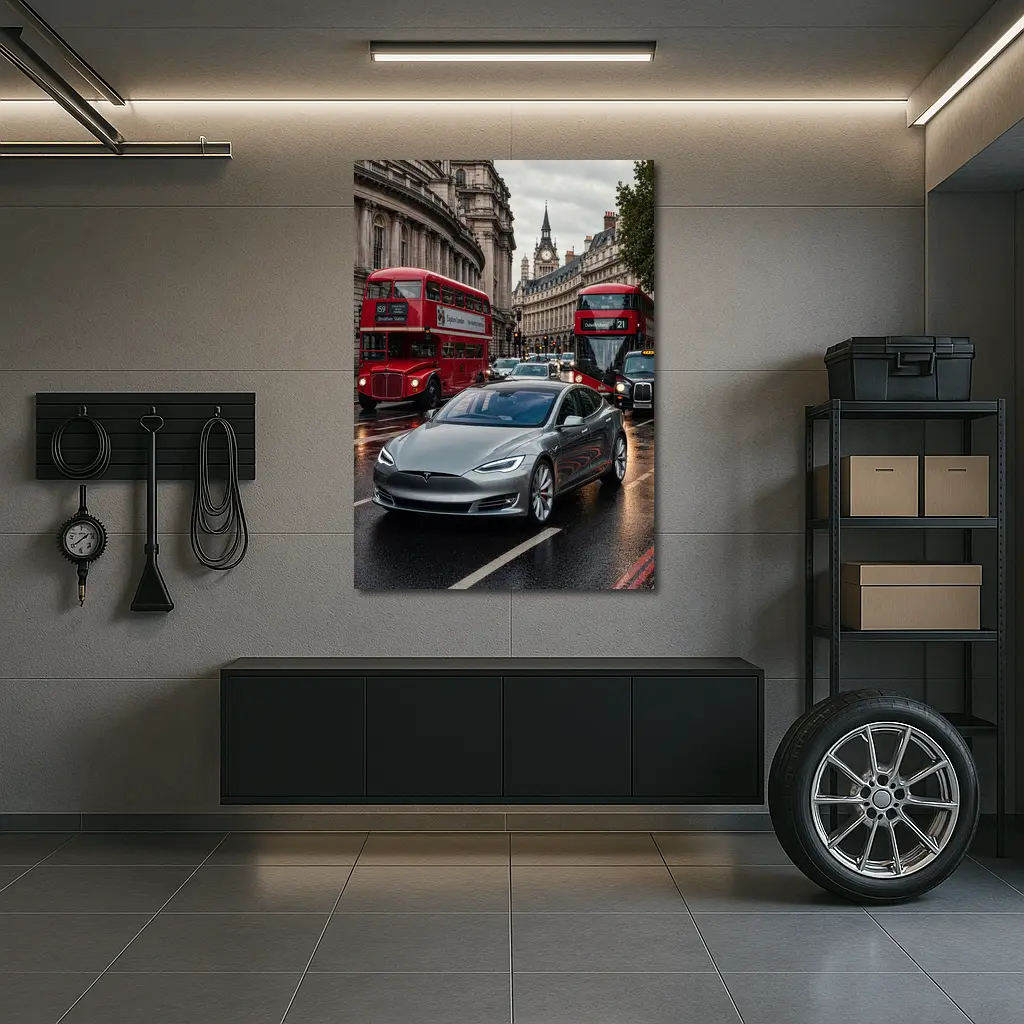 Tesla Model S London Streets Rainy Day – Wall Art