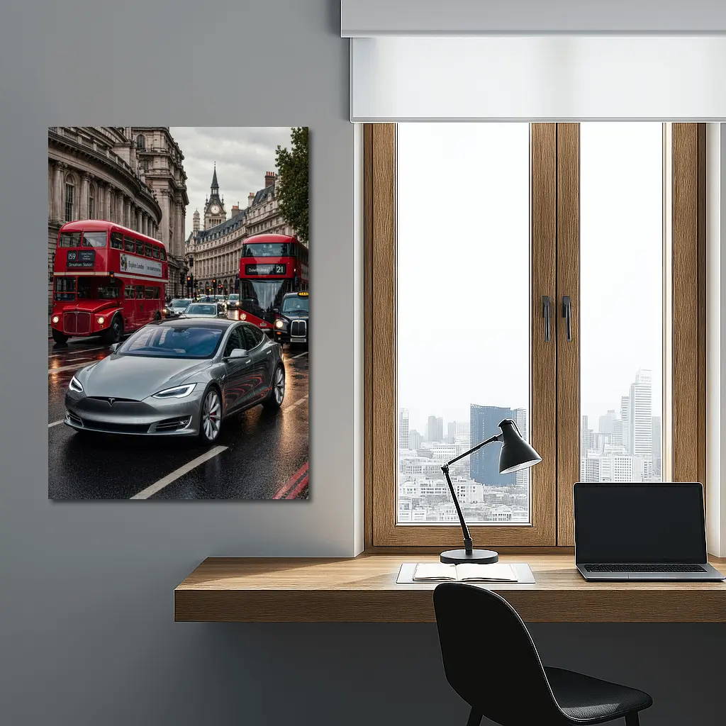 Tesla Model S London Streets Rainy Day – Wall Art