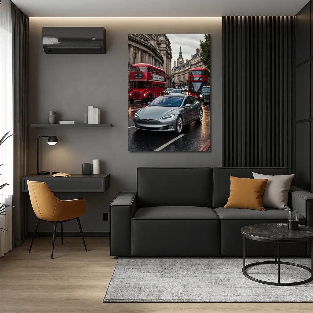 Tesla Model S London Streets Rainy Day – Wall Art