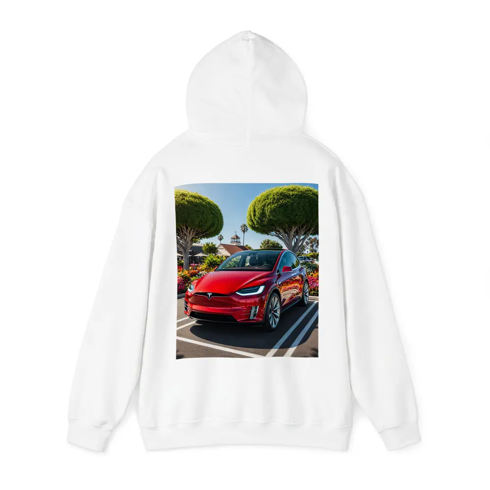 Tesla Model X Red SUV Sunny Parking Lot – Hoodies