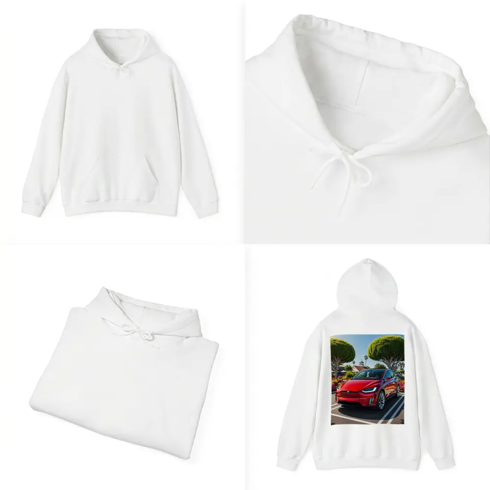 Tesla Model X Red SUV Sunny Parking Lot – Hoodies