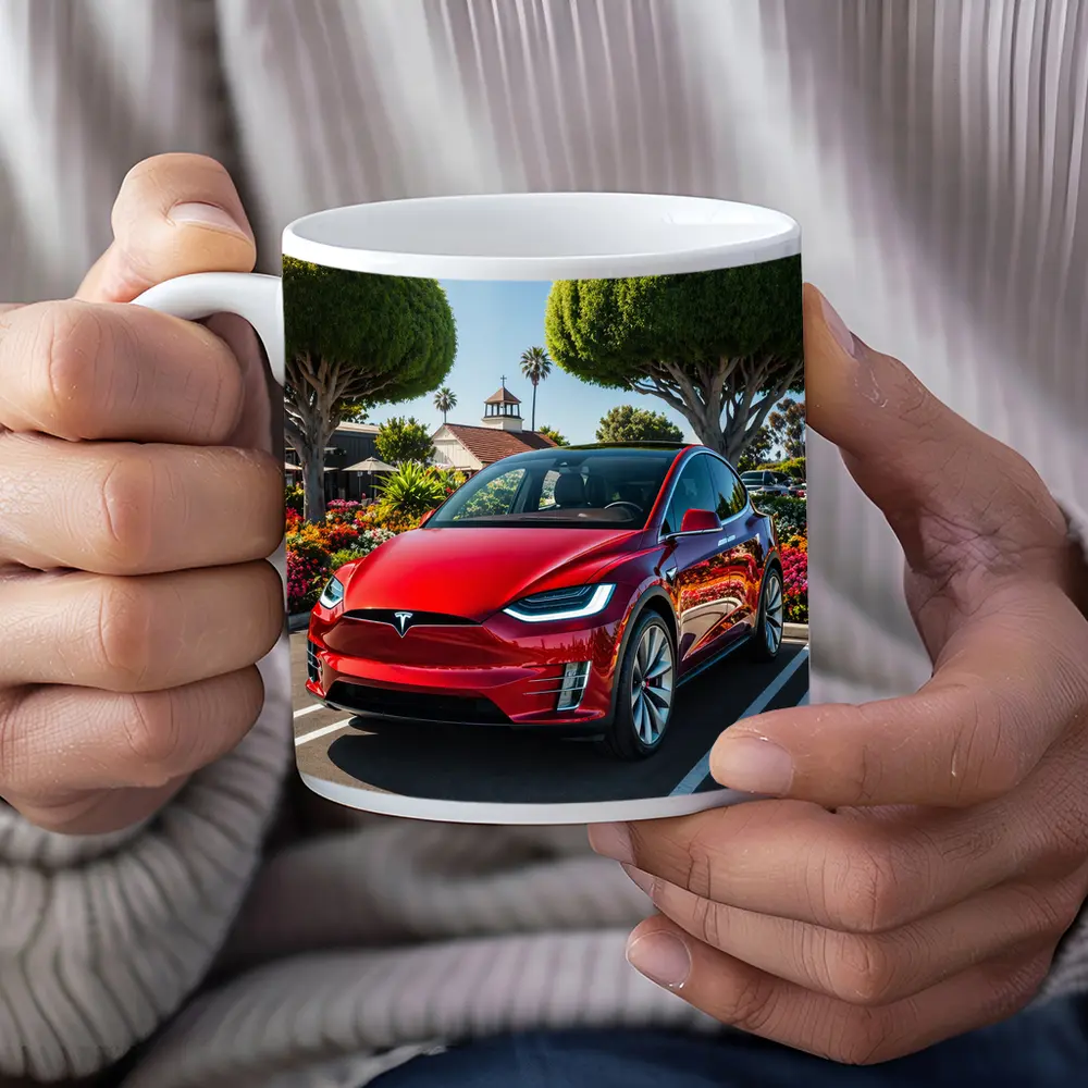 Tesla Model X Red SUV Sunny Parking Lot – Mugs