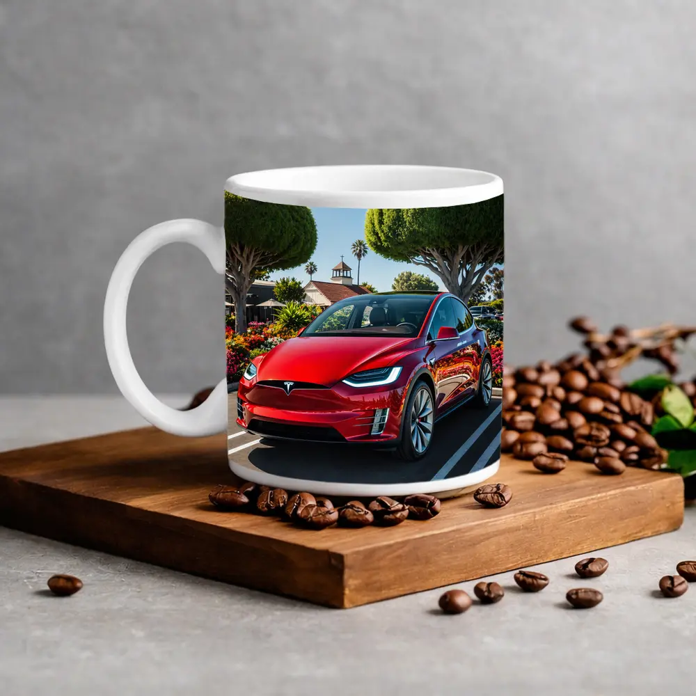 Tesla Model X Red SUV Sunny Parking Lot – Mugs