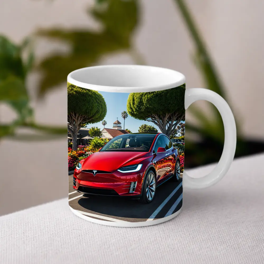 Tesla Model X Red SUV Sunny Parking Lot – Mugs