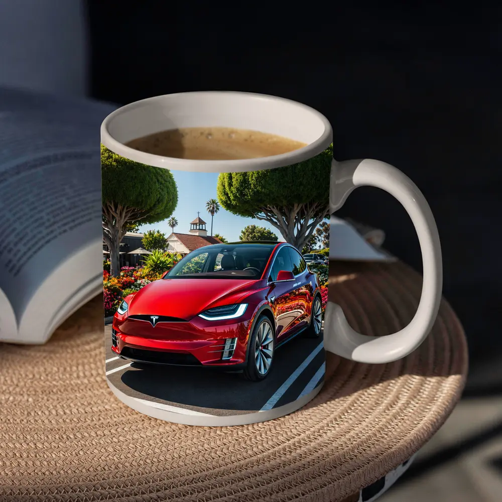 Tesla Model X Red SUV Sunny Parking Lot – Mugs