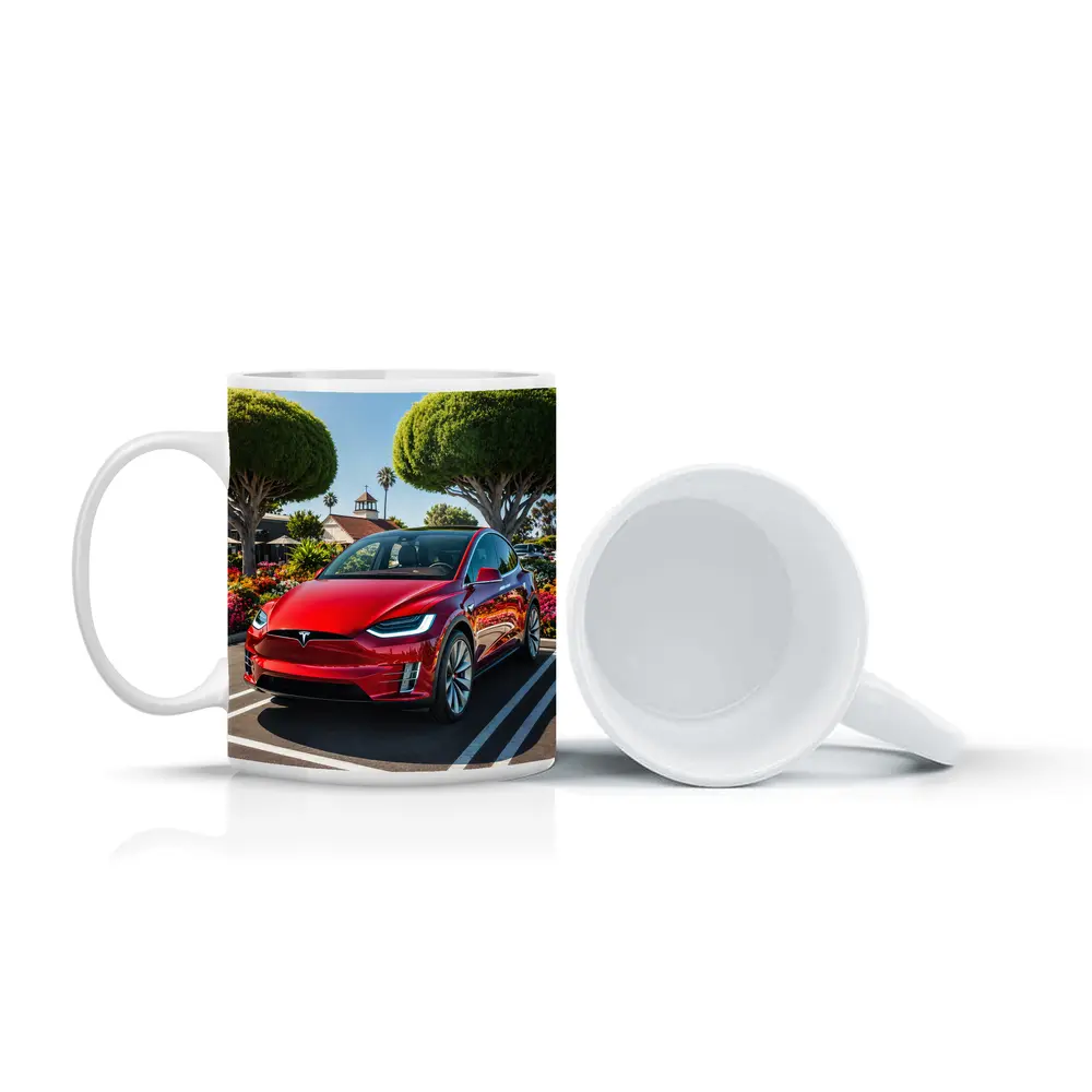Tesla Model X Red SUV Sunny Parking Lot – Mugs