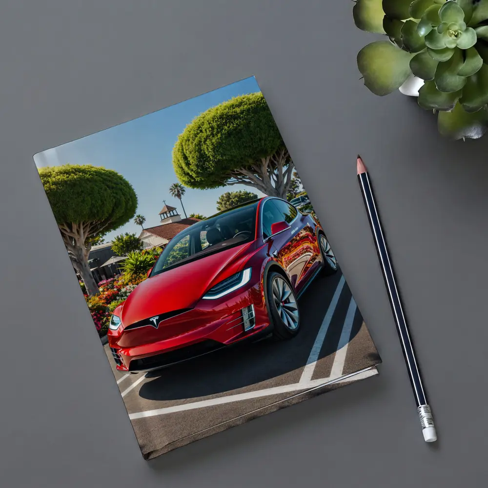 Tesla Model X Red SUV Sunny Parking Lot – Notebooks