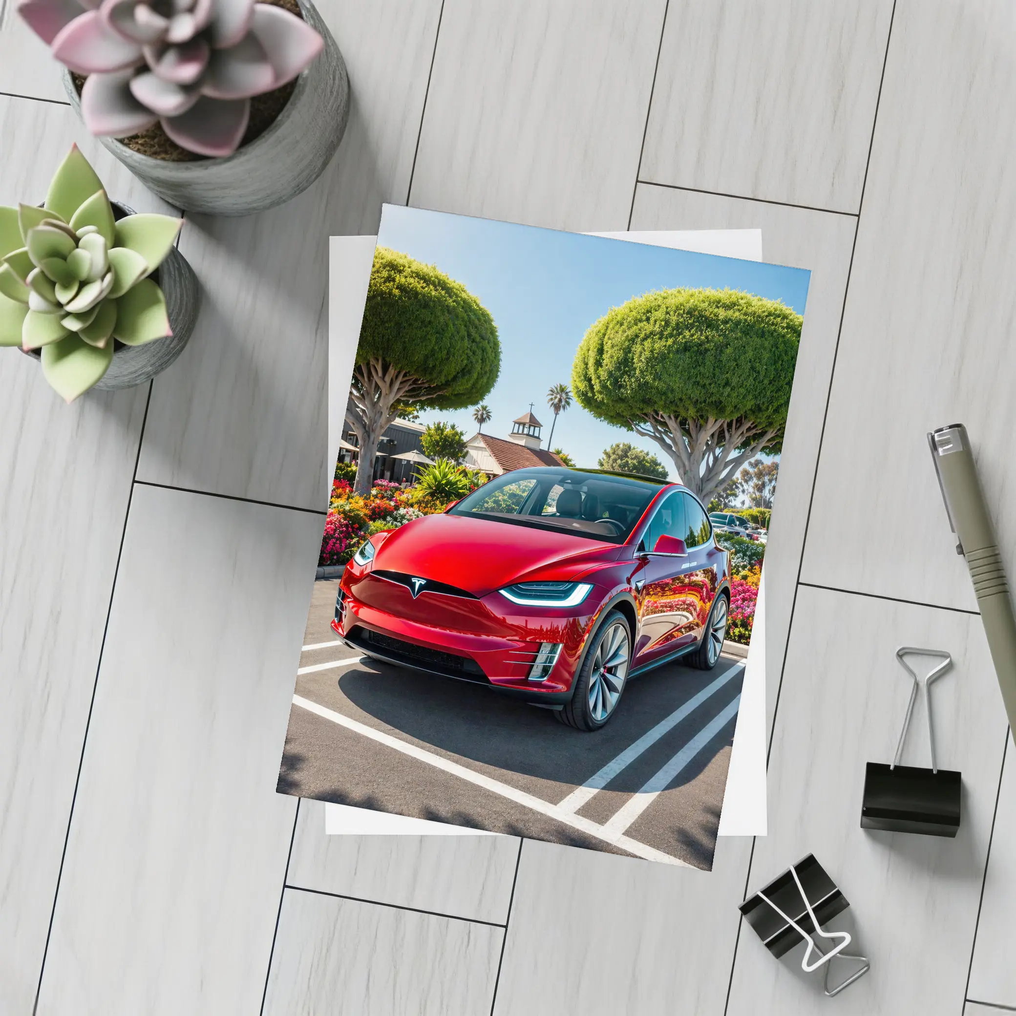 Tesla Model X Red SUV Sunny Parking Lot – Postcards