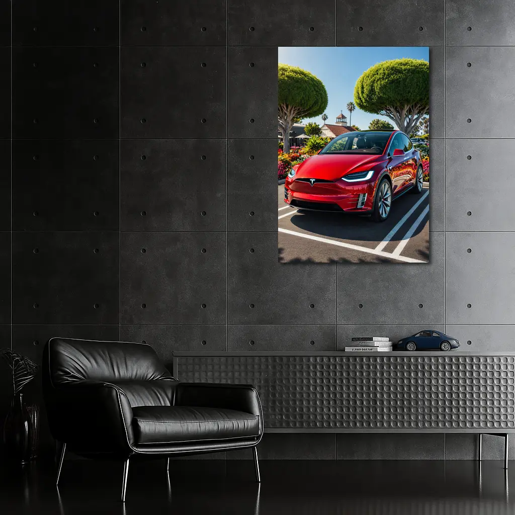 Tesla Model X Red SUV Sunny Parking Lot – Wall Art