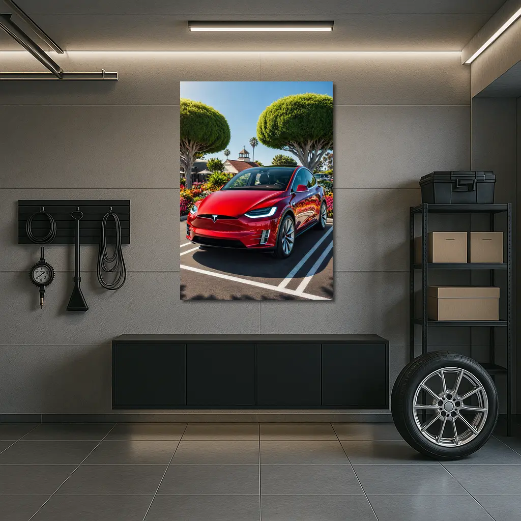 Tesla Model X Red SUV Sunny Parking Lot – Wall Art