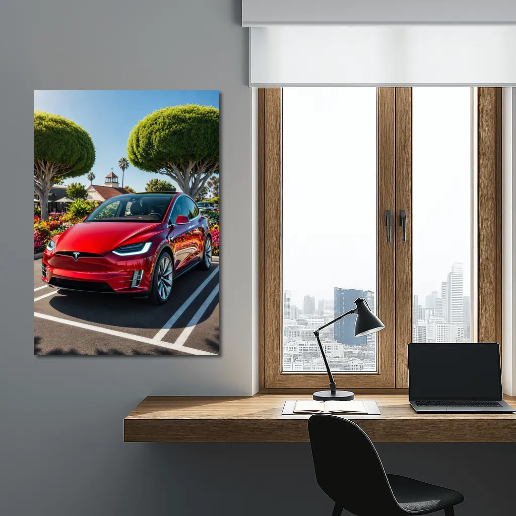 Tesla Model X Red SUV Sunny Parking Lot – Wall Art
