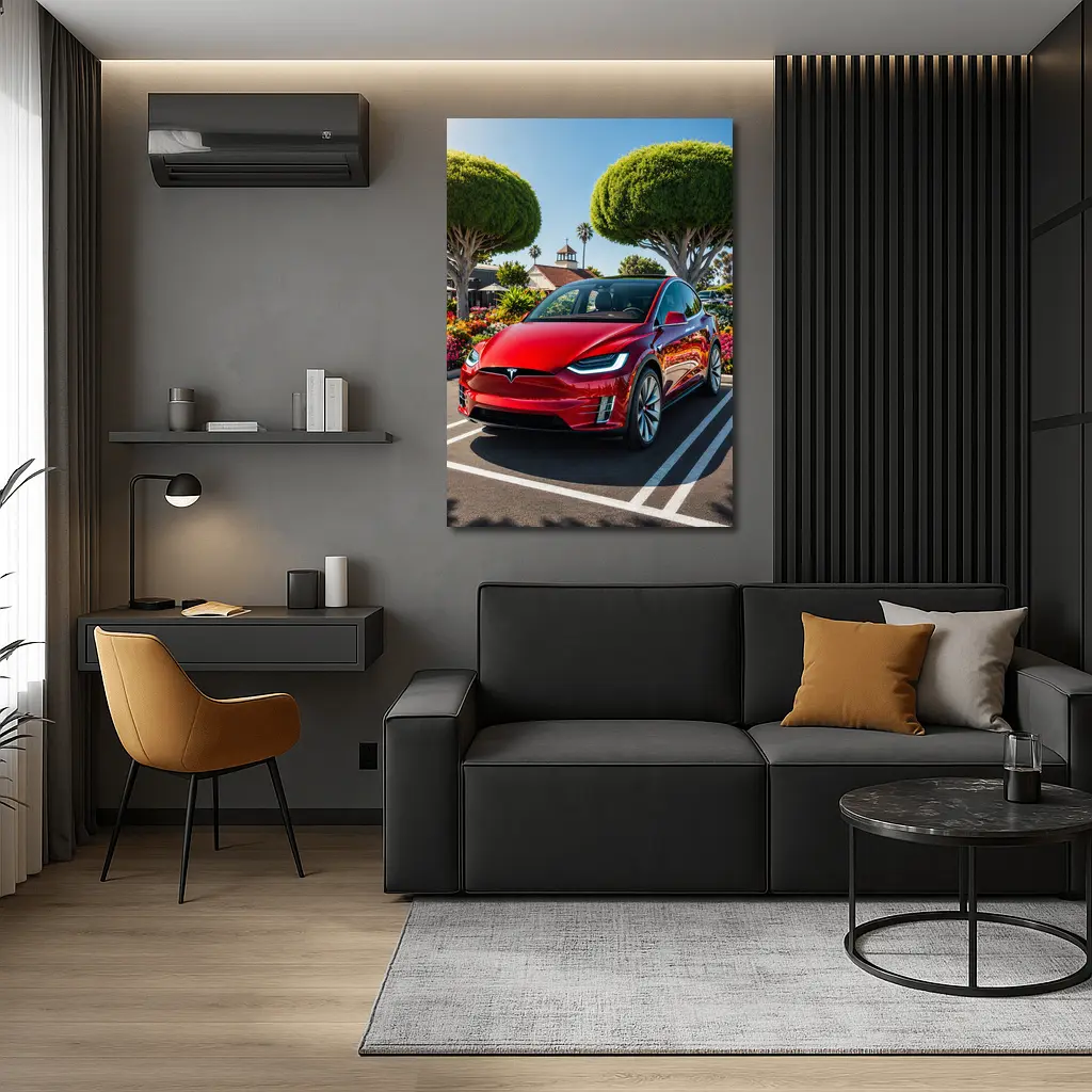 Tesla Model X Red SUV Sunny Parking Lot – Wall Art