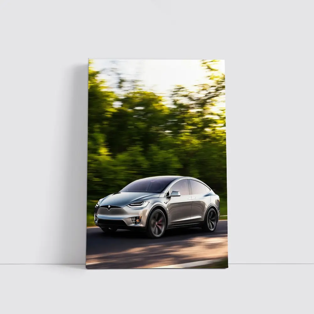 Tesla Model X Speeding Through Green Forest – Wall Art