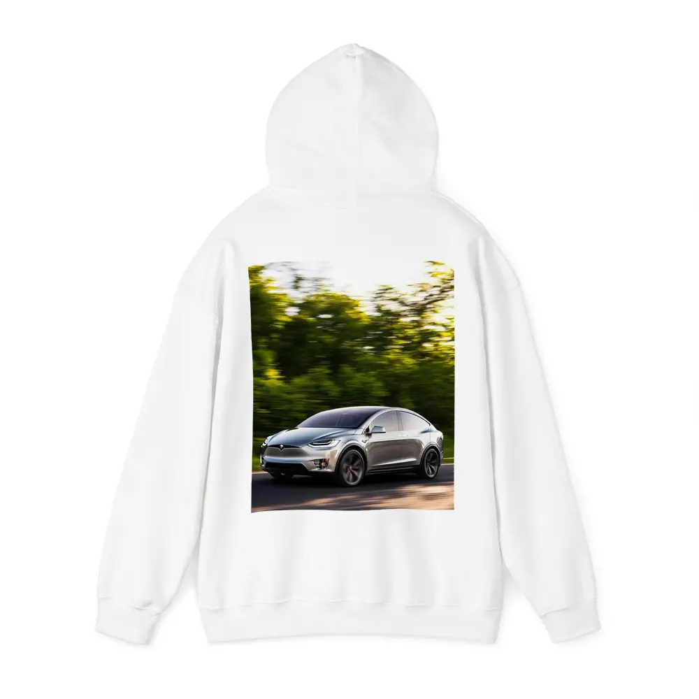 Tesla Model X Speeding Through Green Forest – Hoodies
