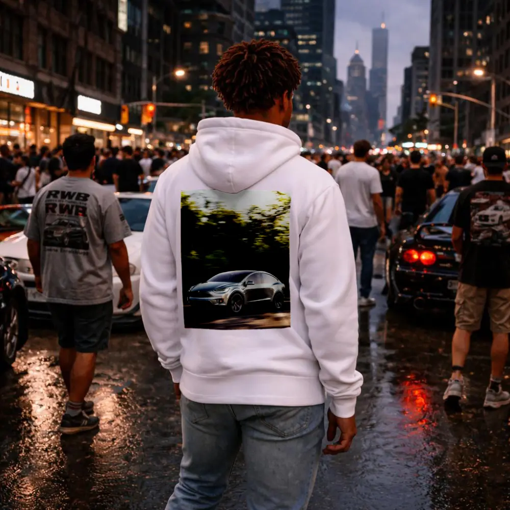 Tesla Model X Speeding Through Green Forest – Hoodies