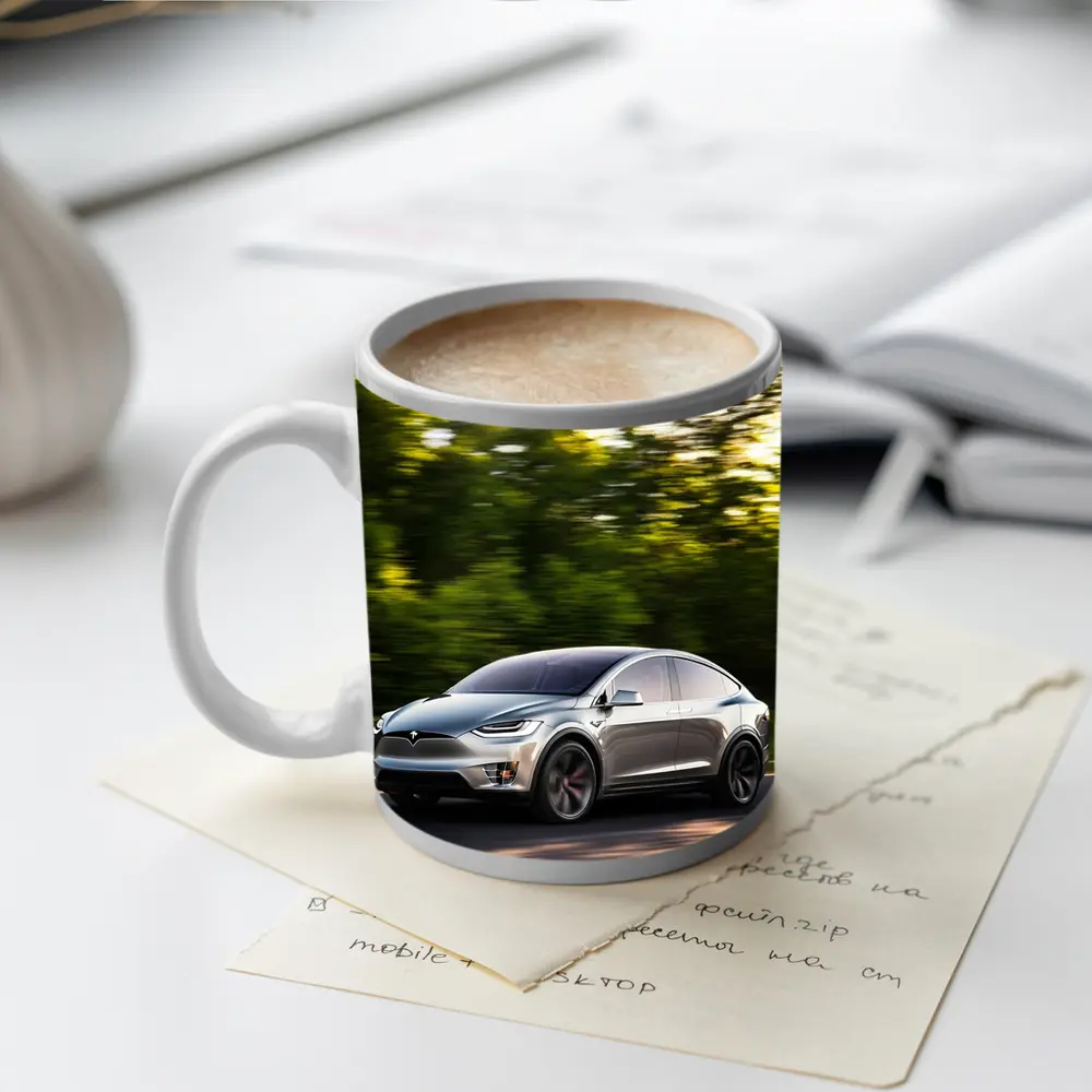Tesla Model X Speeding Through Green Forest – Mugs