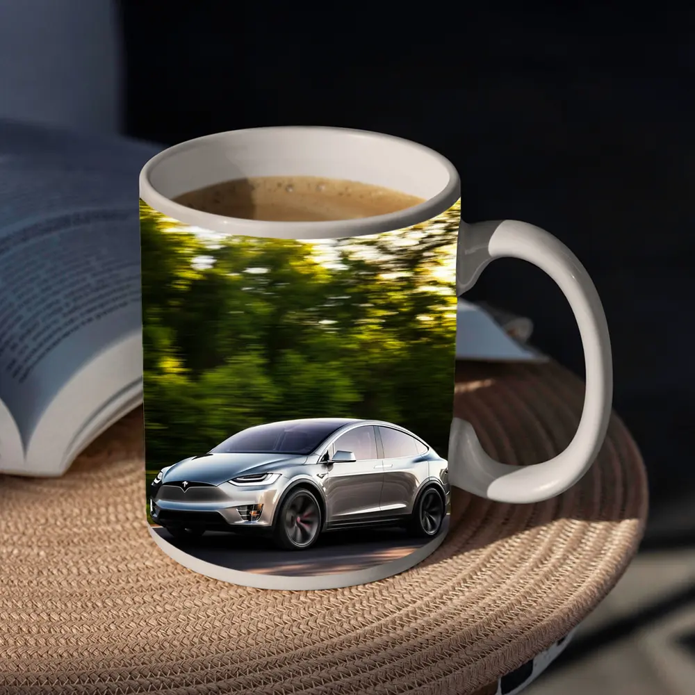Tesla Model X Speeding Through Green Forest – Mugs