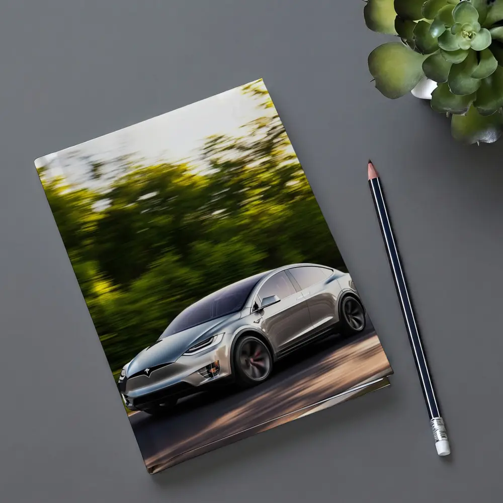 Tesla Model X Speeding Through Green Forest – Notebooks