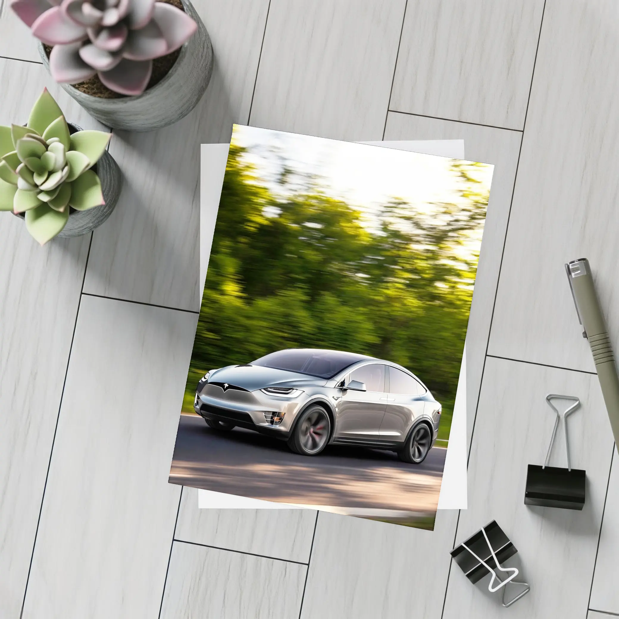 Tesla Model X Speeding Through Green Forest – Postcards