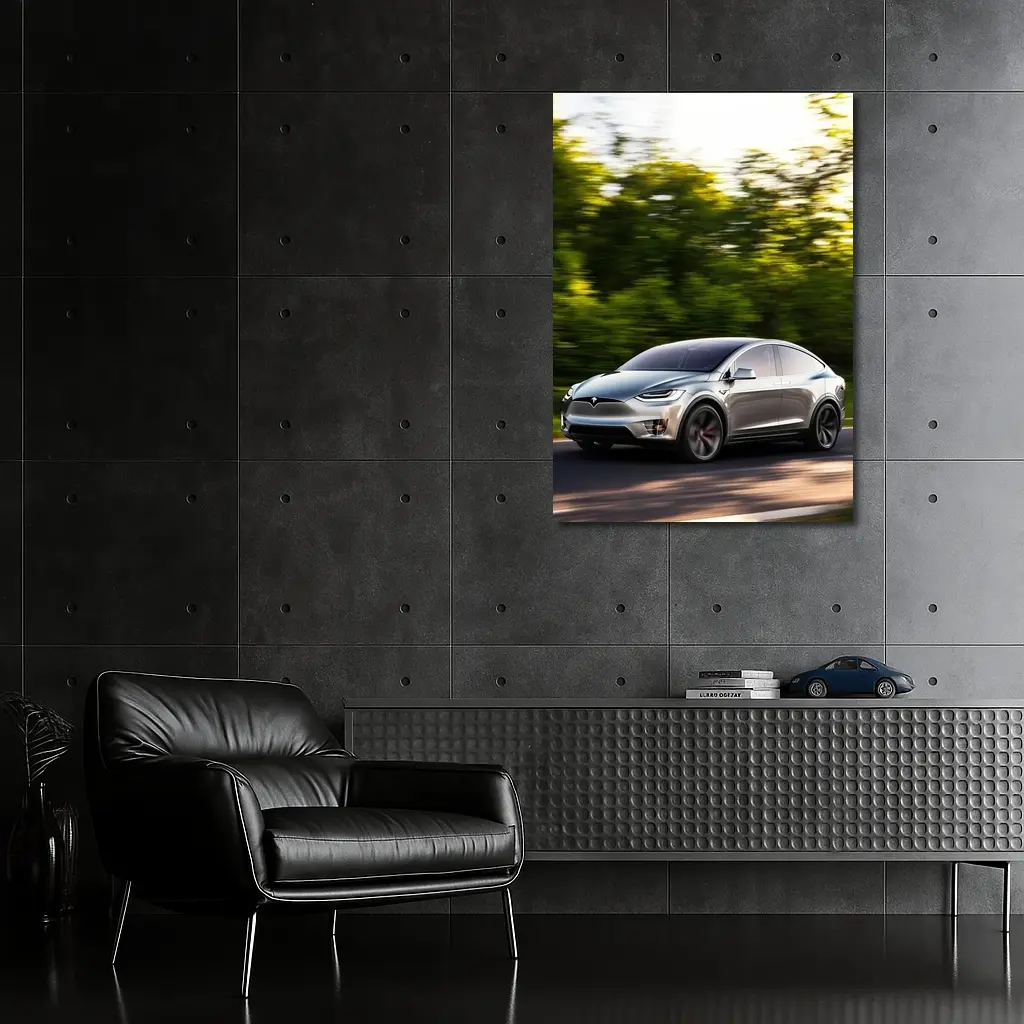 Tesla Model X Speeding Through Green Forest – Wall Art