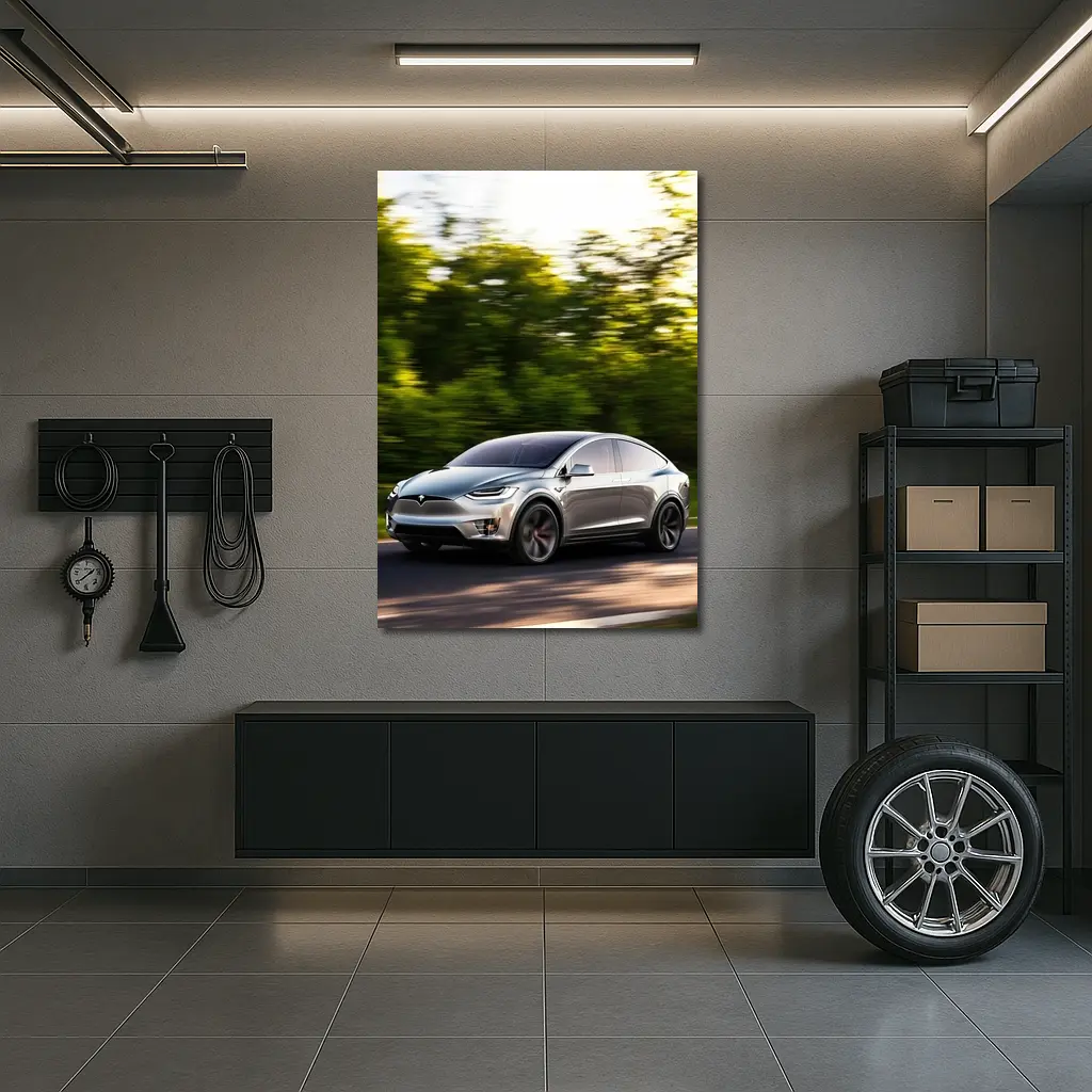 Tesla Model X Speeding Through Green Forest – Wall Art