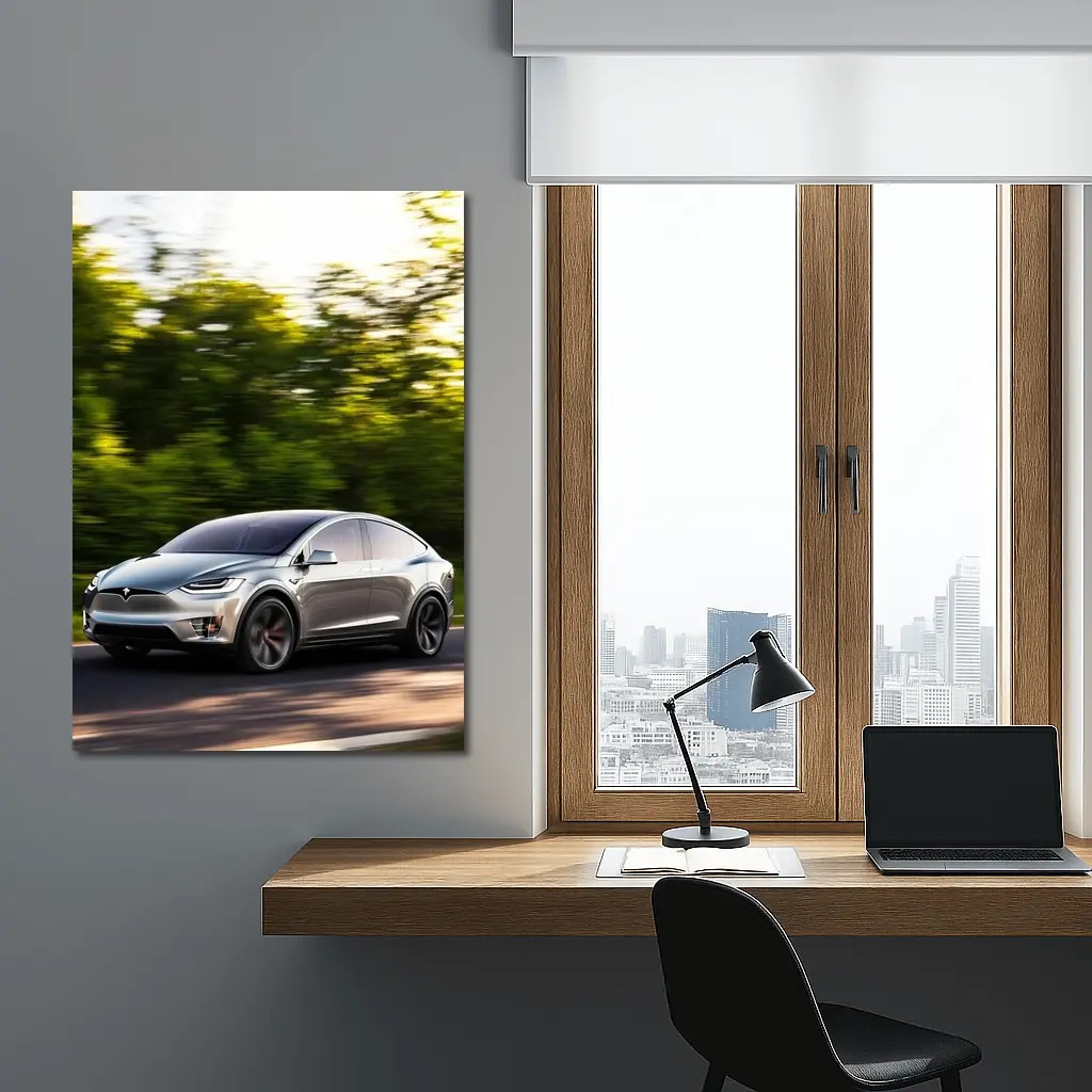 Tesla Model X Speeding Through Green Forest – Wall Art