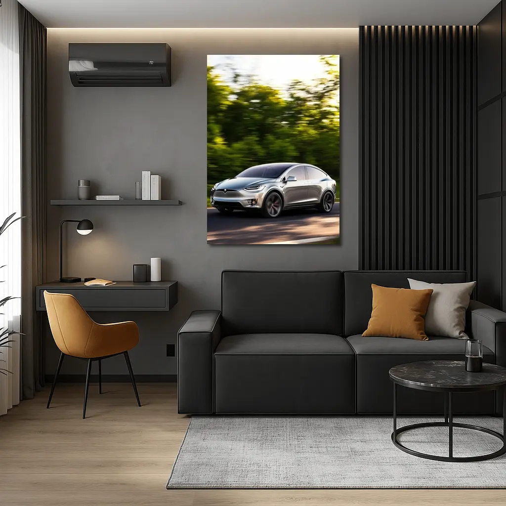 Tesla Model X Speeding Through Green Forest – Wall Art