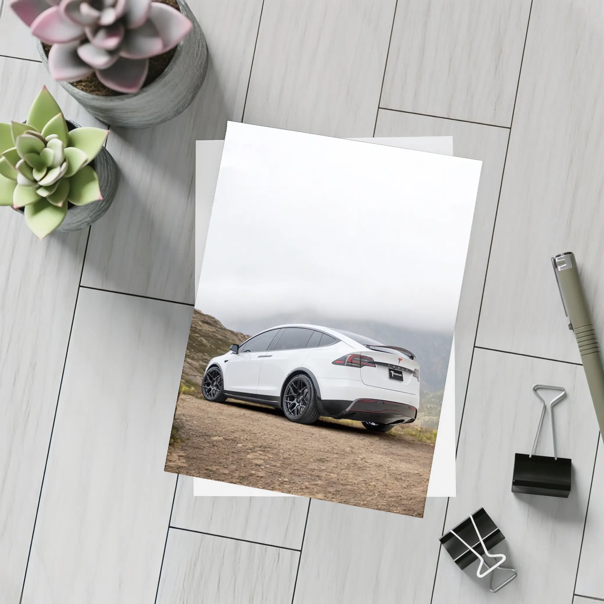 Tesla Model X White Misty Mountain Road – Postcards
