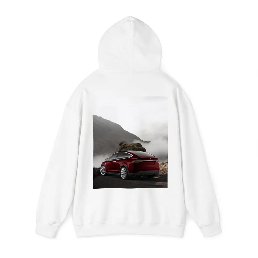 Tesla Model X Red Mountain Fog Landscape – Hoodies