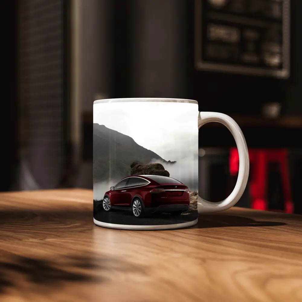 Tesla Model X Red Mountain Fog Landscape – Mugs