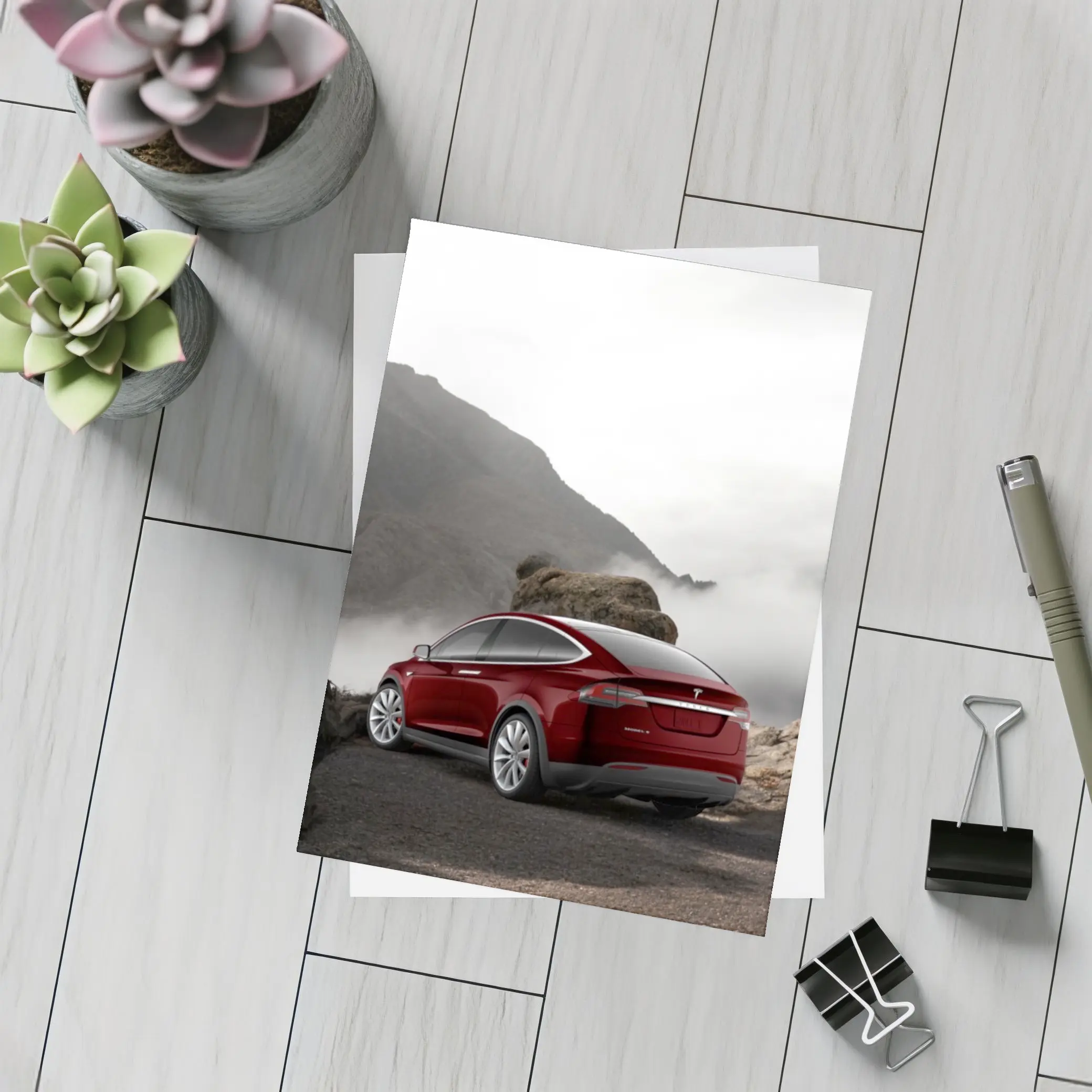 Tesla Model X Red Mountain Fog Landscape – Postcards
