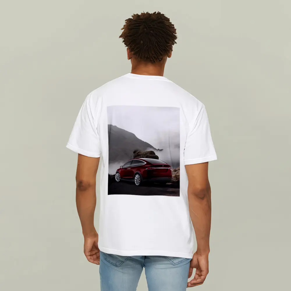 Tesla Model X Red Mountain Fog Landscape – T-Shirts