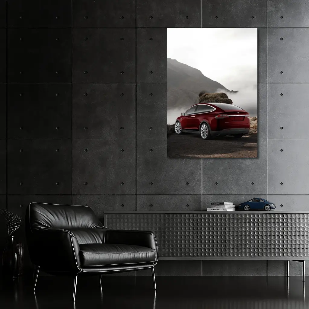 Tesla Model X Red Mountain Fog Landscape – Wall Art