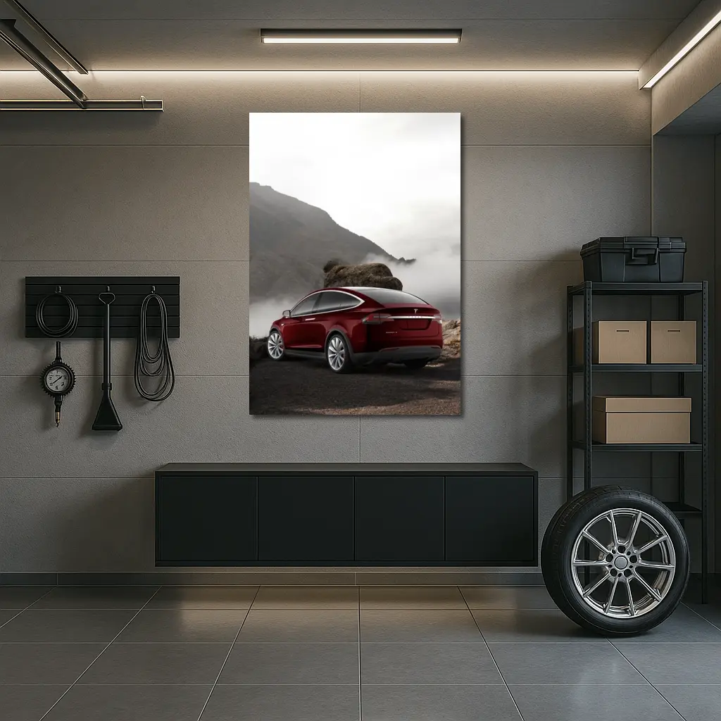 Tesla Model X Red Mountain Fog Landscape – Wall Art