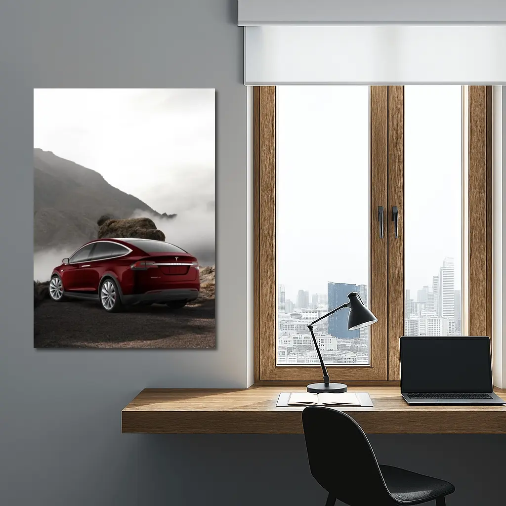Tesla Model X Red Mountain Fog Landscape – Wall Art