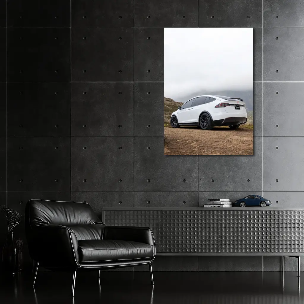 Tesla Model X White Misty Mountain Road – Wall Art