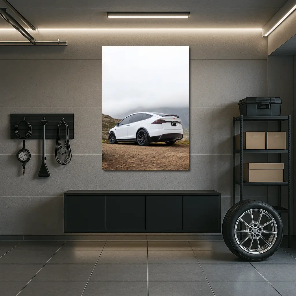 Tesla Model X White Misty Mountain Road – Wall Art
