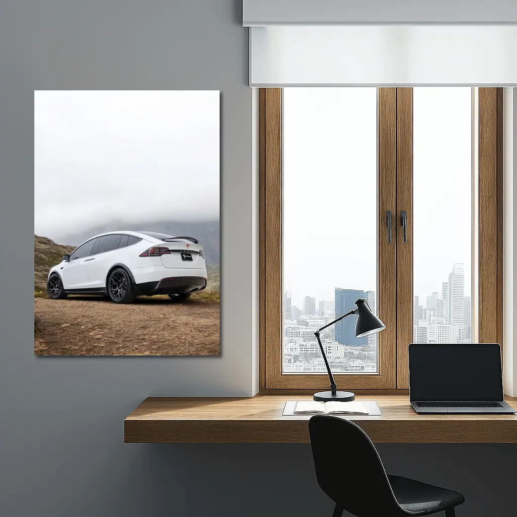 Tesla Model X White Misty Mountain Road – Wall Art