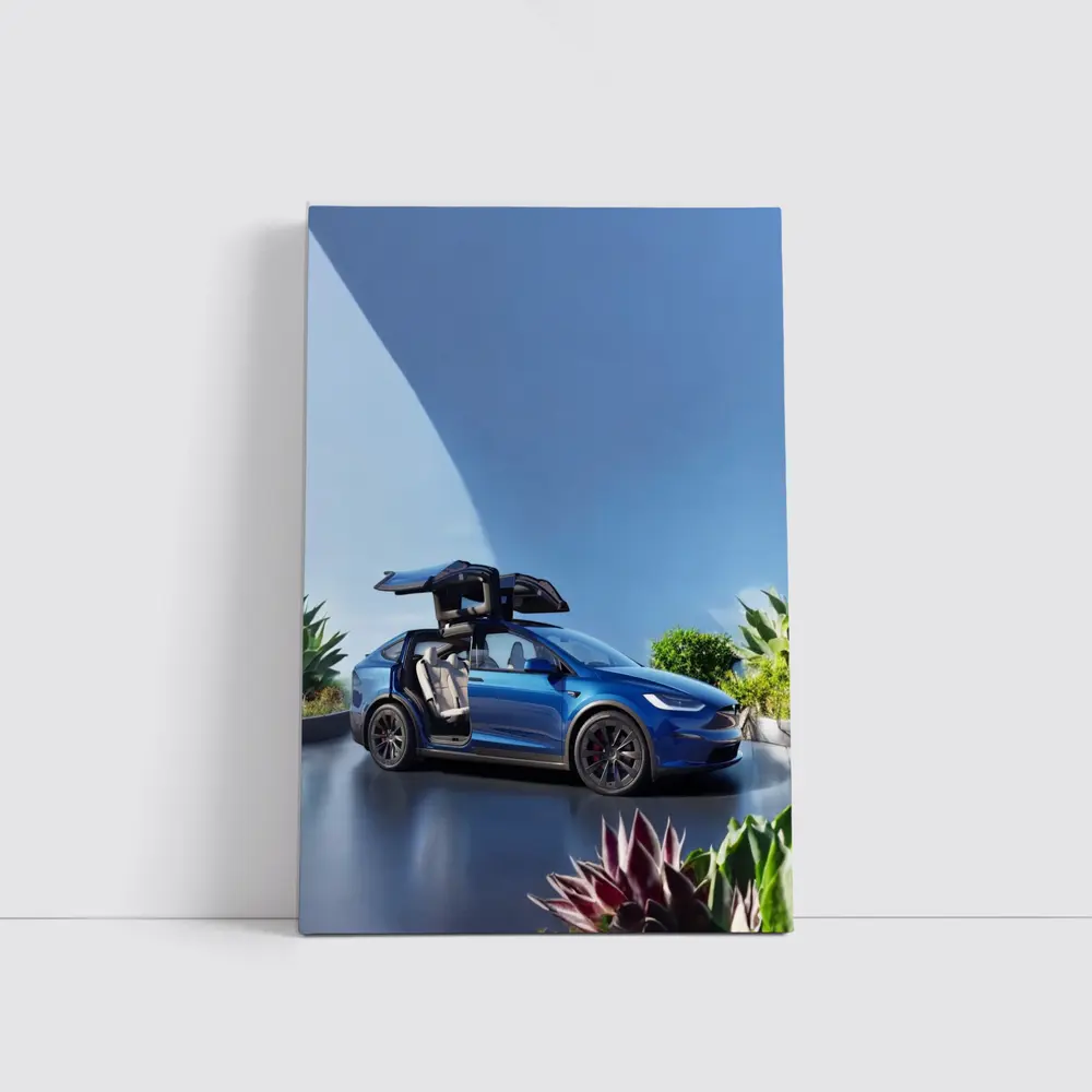 Tesla Model X Blue Falcon Wing Doors Open – Wall Art