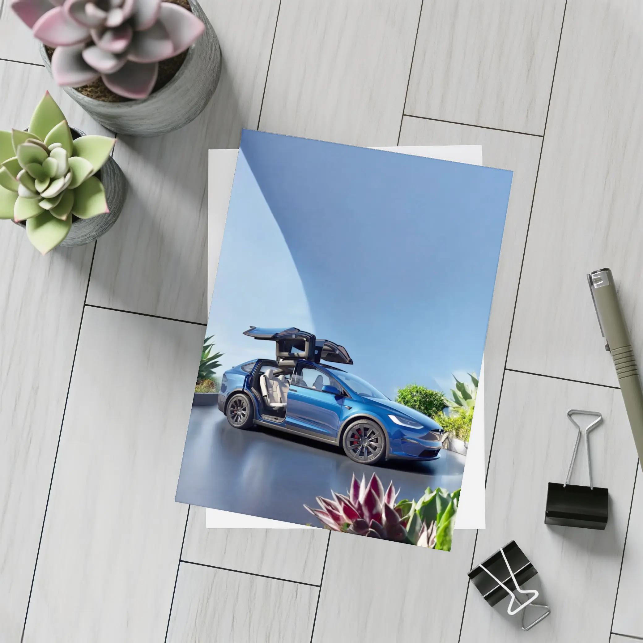 Tesla Model X Blue Falcon Wing Doors Open – Postcards