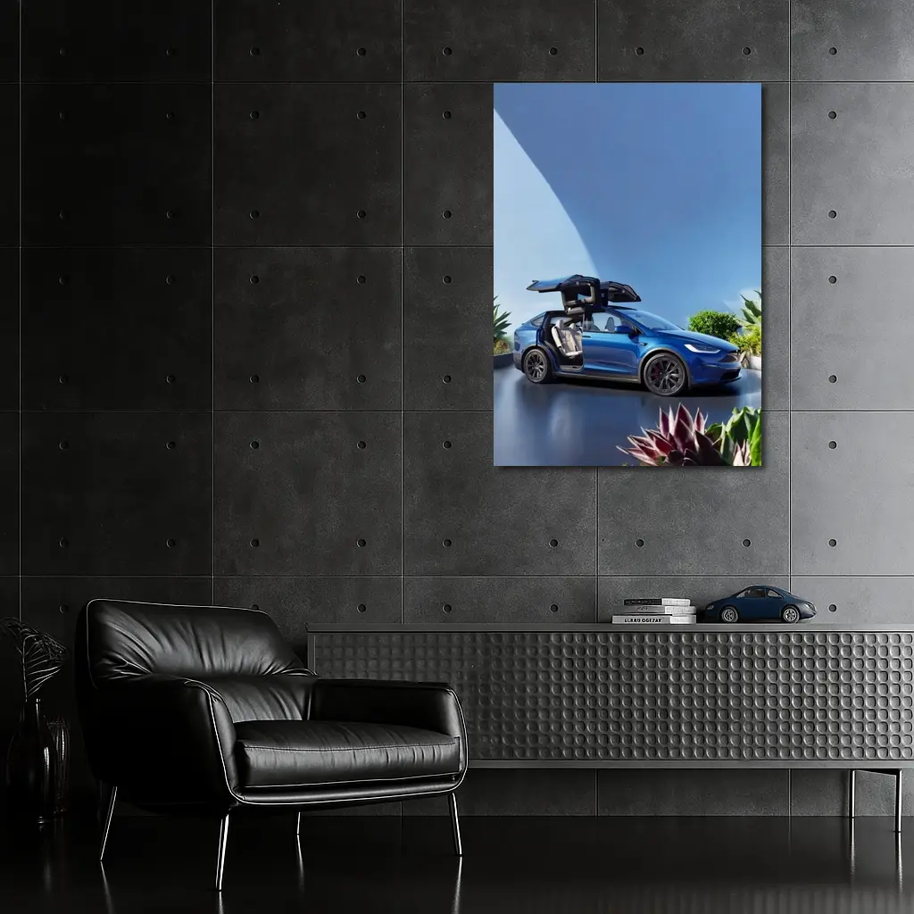 Tesla Model X Blue Falcon Wing Doors Open – Wall Art