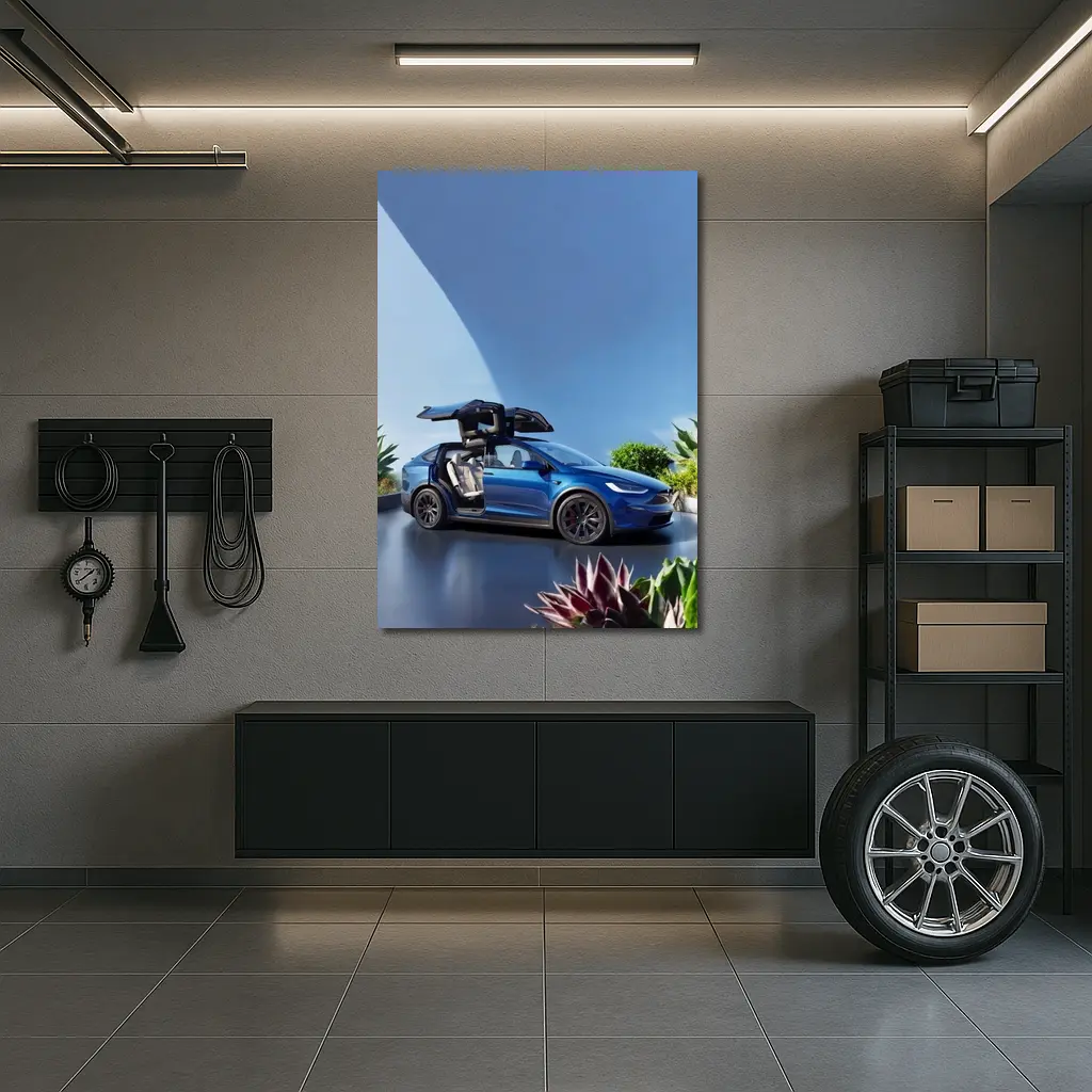 Tesla Model X Blue Falcon Wing Doors Open – Wall Art