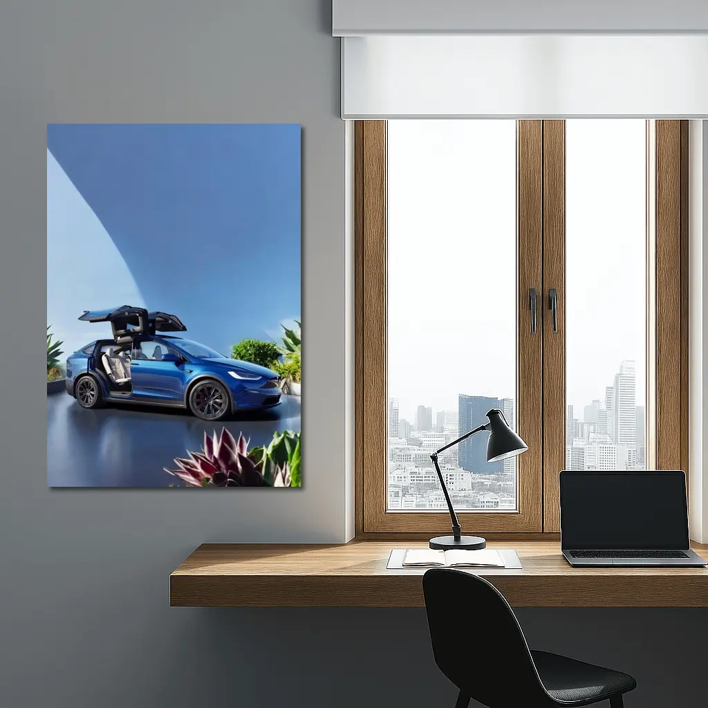 Tesla Model X Blue Falcon Wing Doors Open – Wall Art
