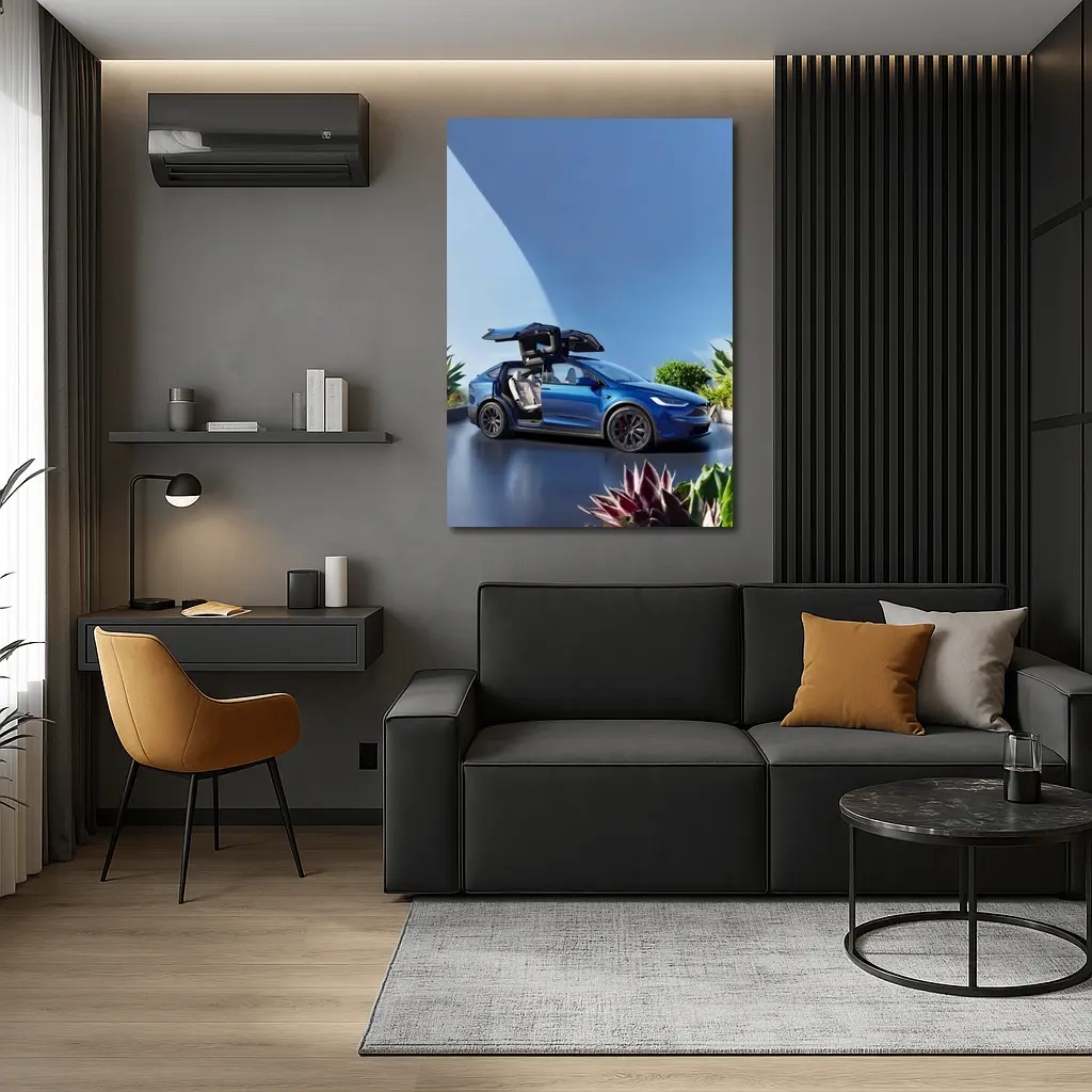 Tesla Model X Blue Falcon Wing Doors Open – Wall Art