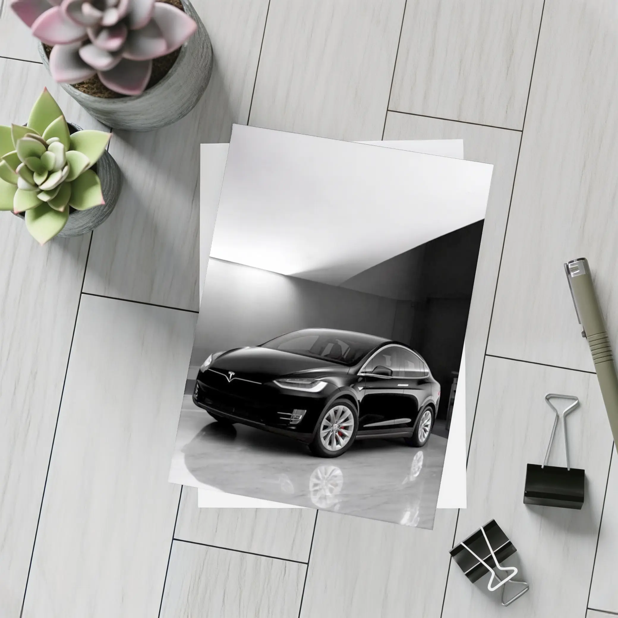 Tesla Model X Black On Marble Floor – Postcards