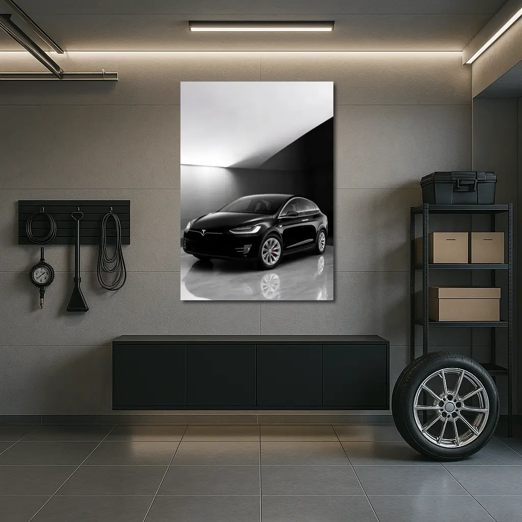 Tesla Model X Black On Marble Floor – Wall Art